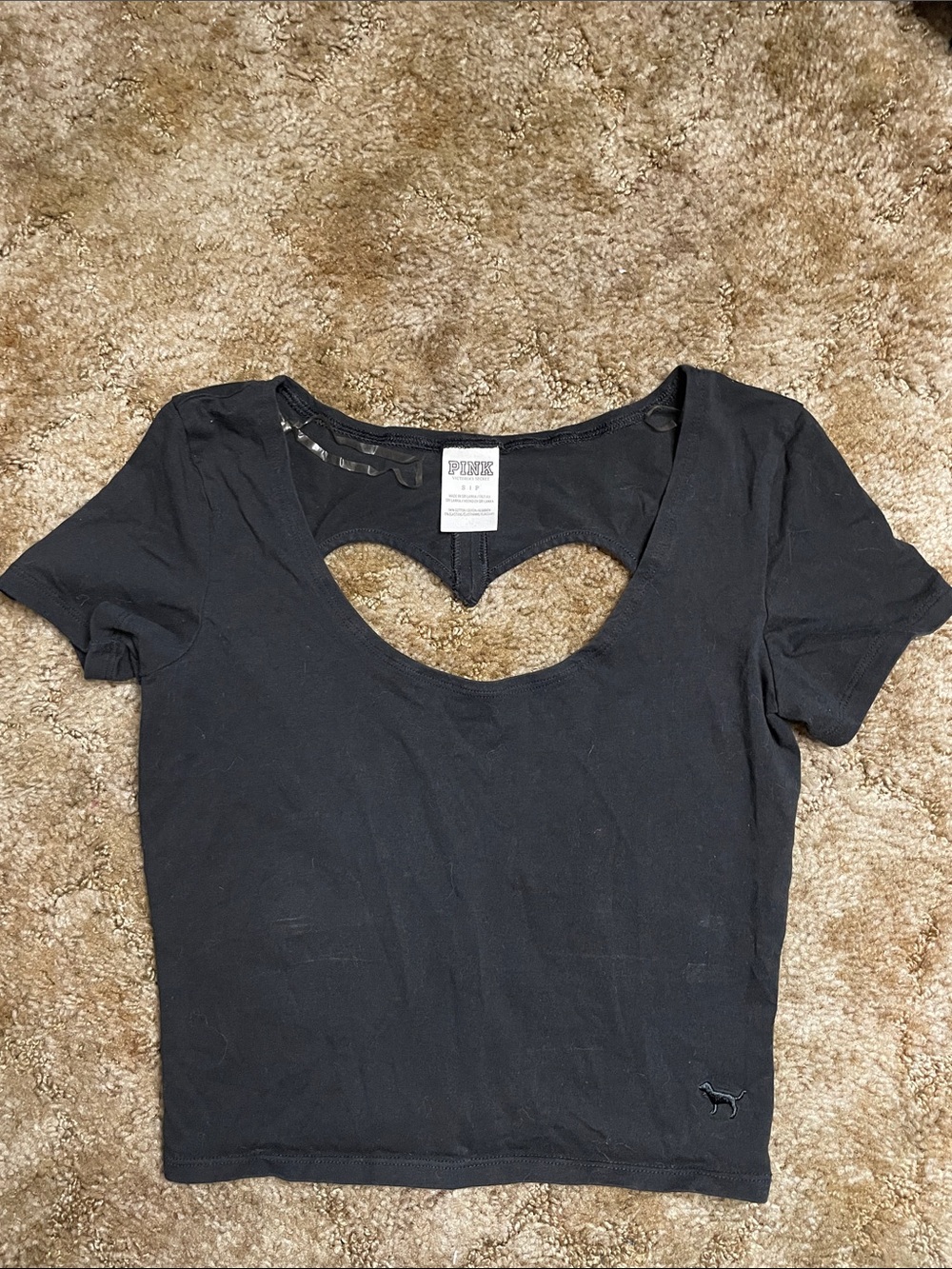 PINK Victoria’s Secret Black Heart Shape Back Cutout Cropped‎ T Shirt Size Small